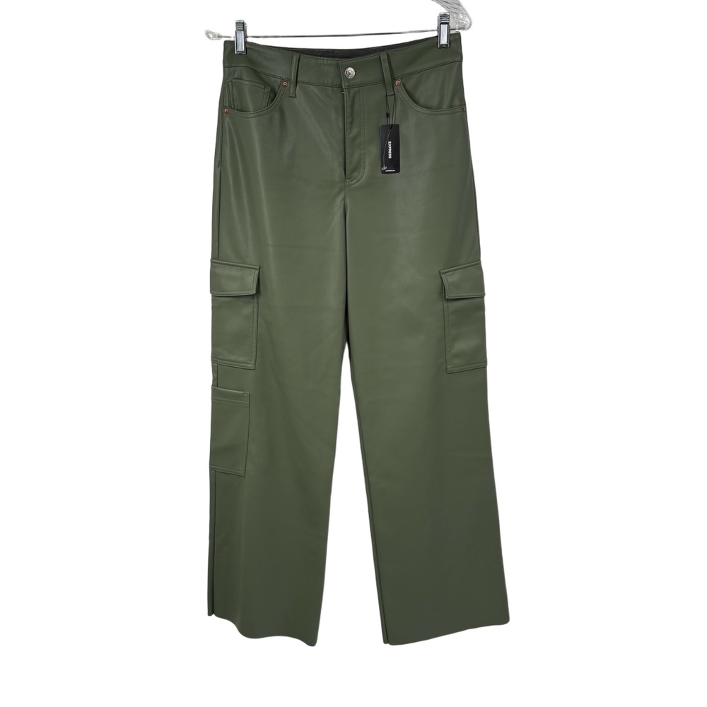 NWT Express Pants Womens 8R Green Cargo Wide Leg Faux Leather Relaxed - Picture 1 of 10